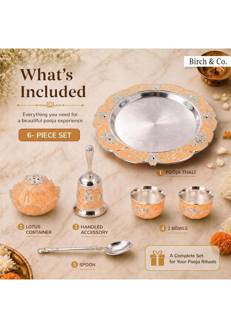 Birch and Co Decorative Pooja Thali Set with Lotus Incense Holder Hand Bell 2 Kumkum Bowls and Spoon - Indya