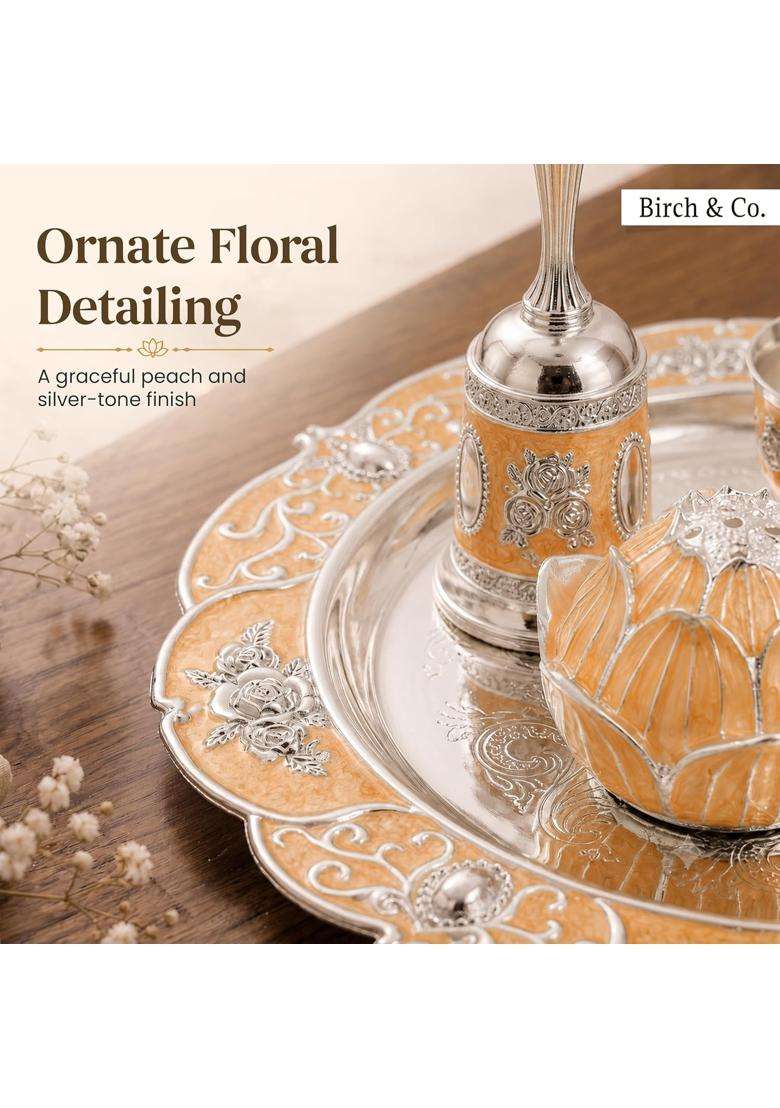 Birch and Co Decorative Pooja Thali Set with Lotus Incense Holder Hand Bell 2 Kumkum Bowls and Spoon - Indya
