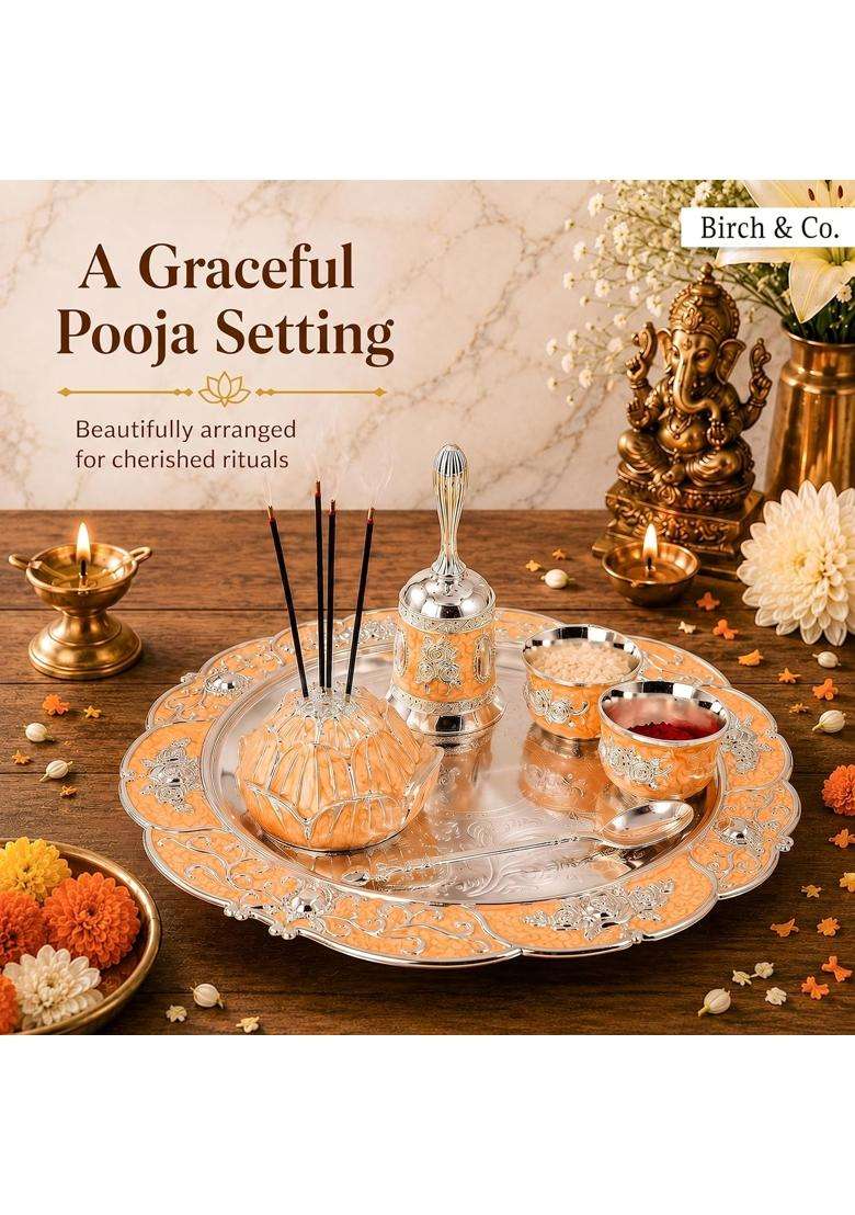 Birch and Co Decorative Pooja Thali Set with Lotus Incense Holder Hand Bell 2 Kumkum Bowls and Spoon - Indya