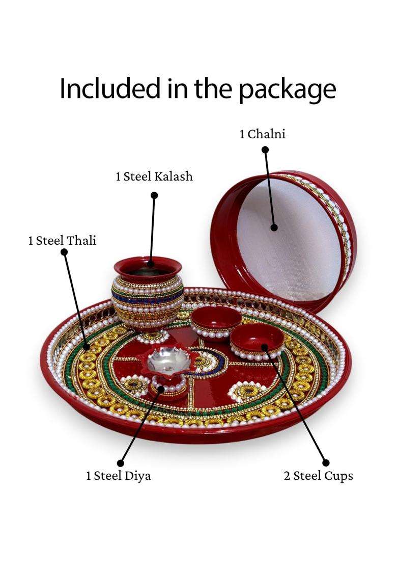Royal Indian Art RIA Studio Beautiful Kundan Decorated Stainless Steel Karva Chauth Pooja Thali Set 12 Inch - Indya