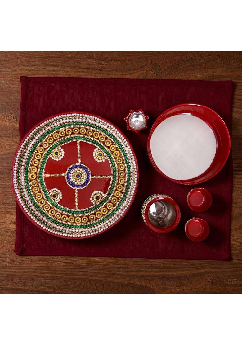 Royal Indian Art RIA Studio Beautiful Kundan Decorated Stainless Steel Karva Chauth Pooja Thali Set 12 Inch - Indya