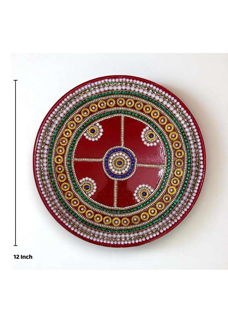 Royal Indian Art RIA Studio Beautiful Kundan Decorated Stainless Steel Karva Chauth Pooja Thali Set 12 Inch - Indya