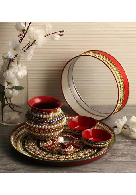 Royal Indian Art RIA Studio Beautiful Kundan Decorated Stainless Steel Karva Chauth Pooja Thali Set 12 Inch