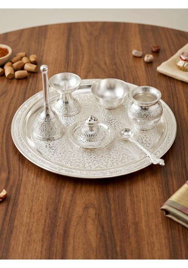 Kettc Premium German Silver Engraved Pooja Thali Set 10 Inch Thaali - Indya