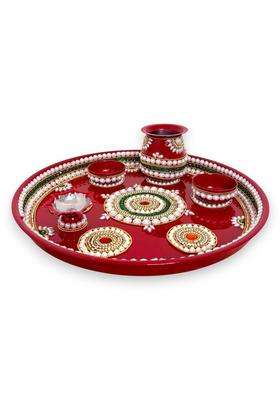 Royal Indian Art Red Kundan Decor Stainless Steel Pooja Thali Set 12 Inches