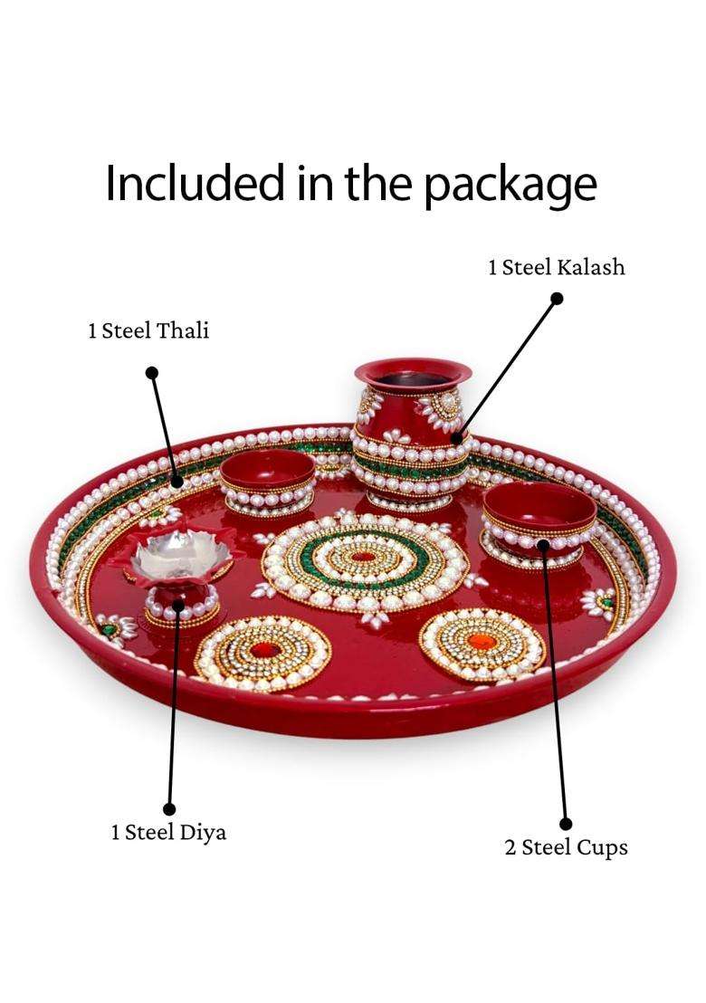 Royal Indian Art Red Kundan Decor Stainless Steel Pooja Thali Set 12 Inches - Indya