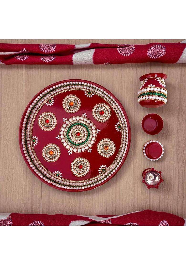 Royal Indian Art Red Kundan Decor Stainless Steel Pooja Thali Set 12 Inches - Indya