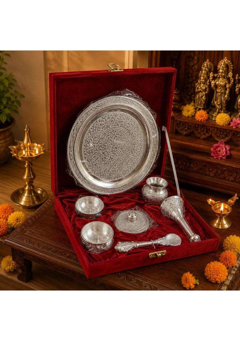 Decorglobe German Silver Pooja Thali Set with Velvet Gift Box Complete Puja Samagri Set Thali Lota Bell Diya - Indya