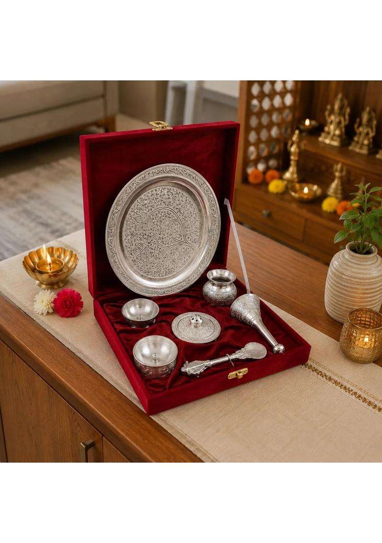 Decorglobe German Silver Pooja Thali Set with Velvet Gift Box Complete Puja Samagri Set Thali Lota Bell Diya - Indya