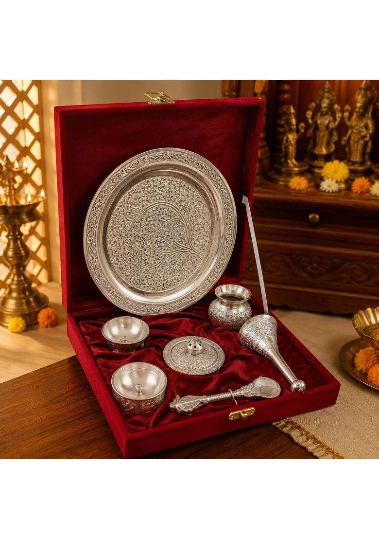 Decorglobe German Silver Pooja Thali Set with Velvet Gift Box Complete Puja Samagri Set Thali Lota Bell Diya - Indya