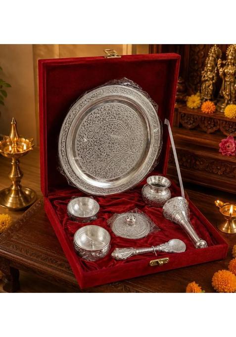 Decorglobe German Silver Pooja Thali Set with Velvet Gift Box Complete Puja Samagri Set Thali Lota Bell Diya