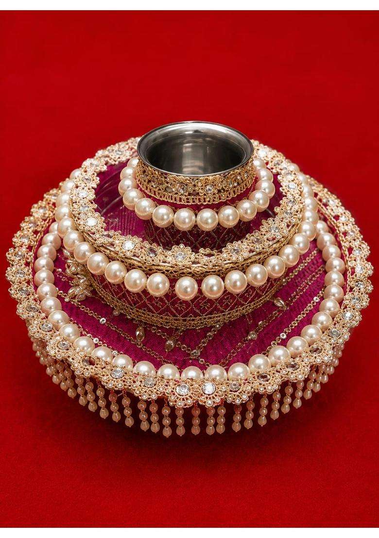 Multicolor Karwa Chauth Thali with Lota and Channi Set Decorative Vrat Pooja Thali - Indya