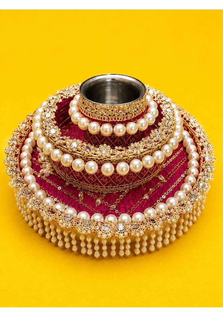 Multicolor Karwa Chauth Thali with Lota and Channi Set Decorative Vrat Pooja Thali - Indya