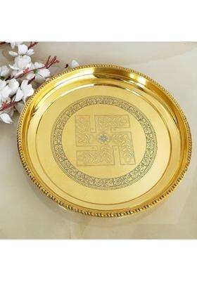 Indian ART Villa Gold Brass Puja Thali with Swastik Flower Engraved Design Handcrafted Pooja