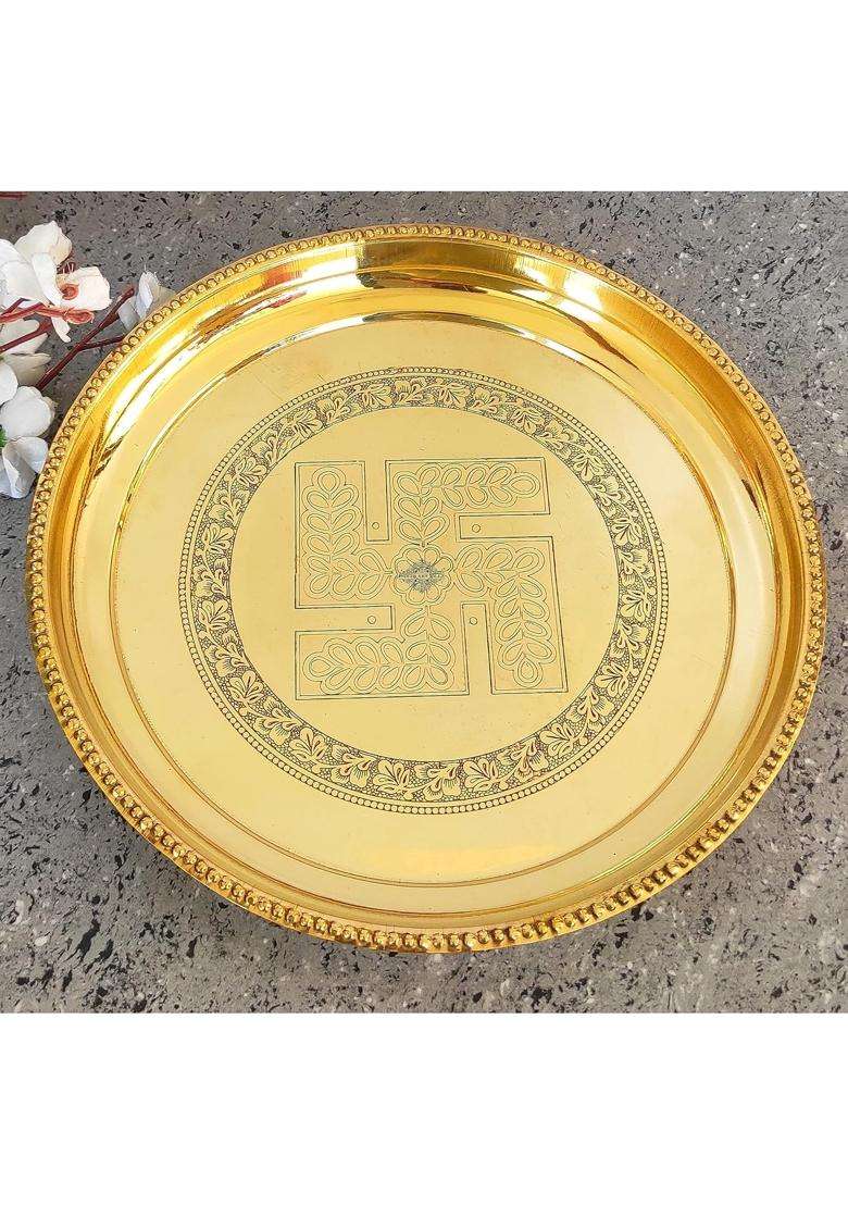 Indian ART Villa Gold Brass Puja Thali with Swastik Flower Engraved Design Handcrafted Pooja - Indya