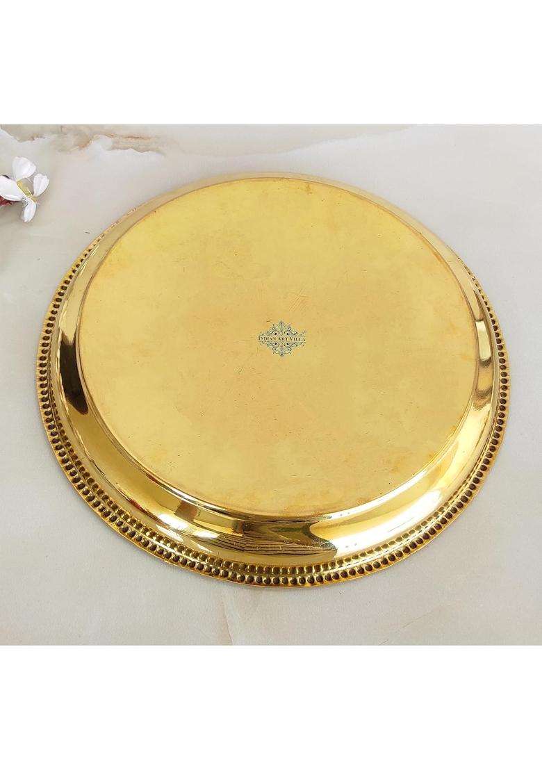 Indian ART Villa Gold Brass Puja Thali with Swastik Flower Engraved Design Handcrafted Pooja - Indya