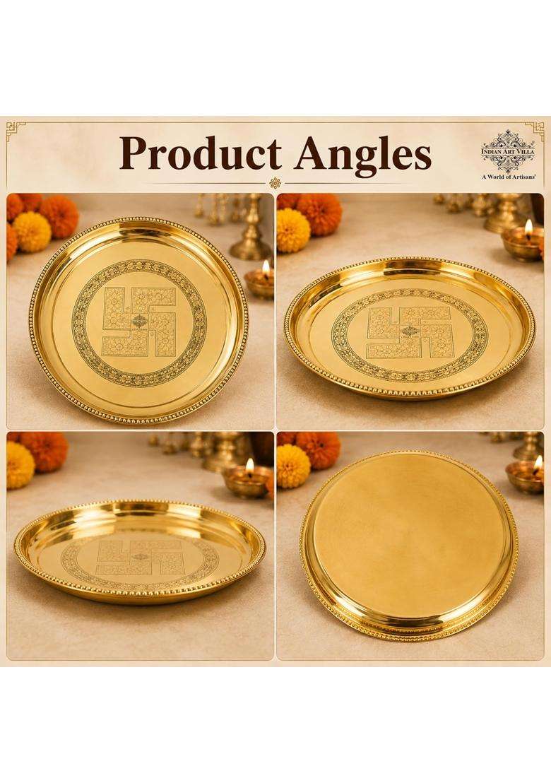 Indian ART Villa Gold Brass Puja Thali with Swastik Flower Engraved Design Handcrafted Pooja - Indya