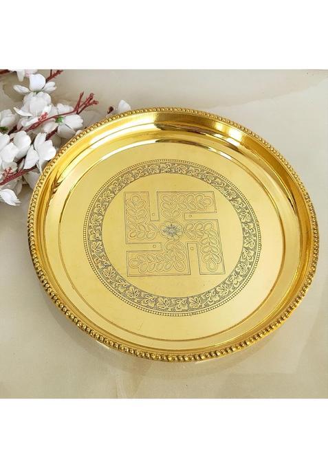 Indian ART Villa Gold Brass Puja Thali with Swastik Flower Engraved Design Handcrafted Pooja