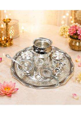 Padmavathi Enterprises PE German Silver Pooja Thali Set Complete Pooja Essentials with Thali Plate Chembu
