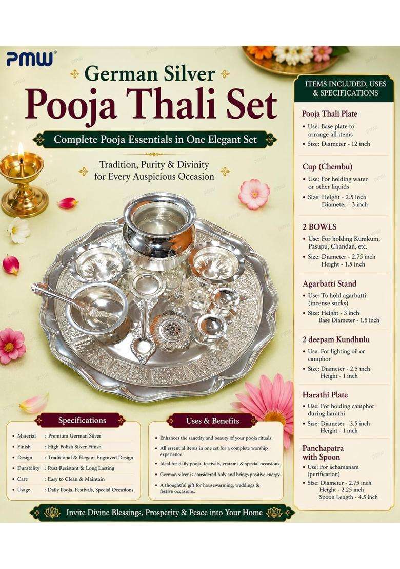 Padmavathi Enterprises PE German Silver Pooja Thali Set Complete Pooja Essentials with Thali Plate Chembu - Indya