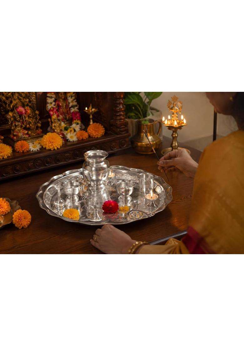 Silverglow Varalakshmi Pooja Set Silver Plated Puja Thali Set - Indya