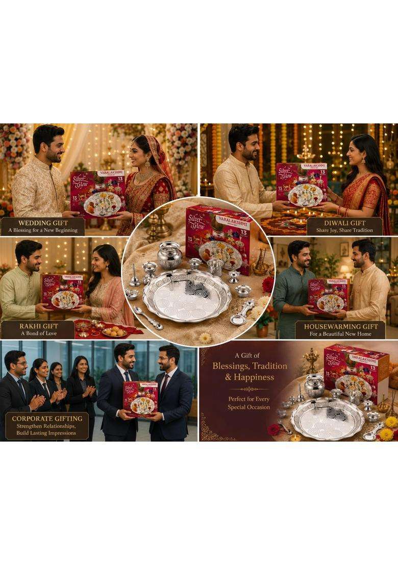 Silverglow Varalakshmi Pooja Set Silver Plated Puja Thali Set - Indya