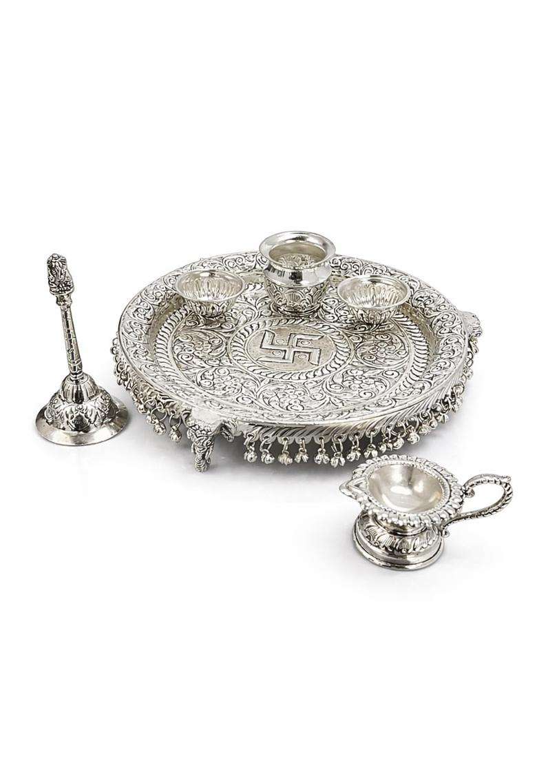 MLS Handicrafts German Silver Pooja Aarti Thali Set with Ghungroo Layer Decorative Temple Plate for Karva - Indya