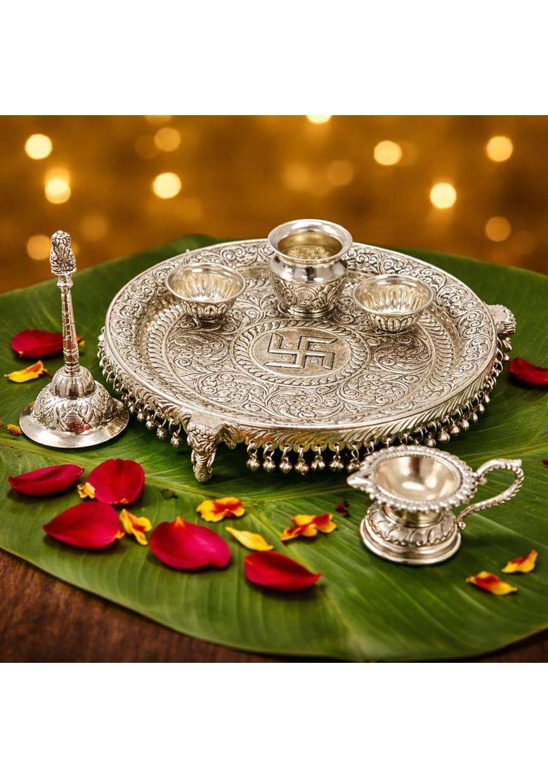 MLS Handicrafts German Silver Pooja Aarti Thali Set with Ghungroo Layer Decorative Temple Plate for Karva - Indya