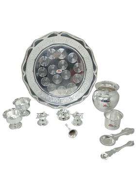 G K Exclusive German Silver Pooja Thali Set Puja Plate Set Items Best Gift for Diwali Anniversary Set of 11