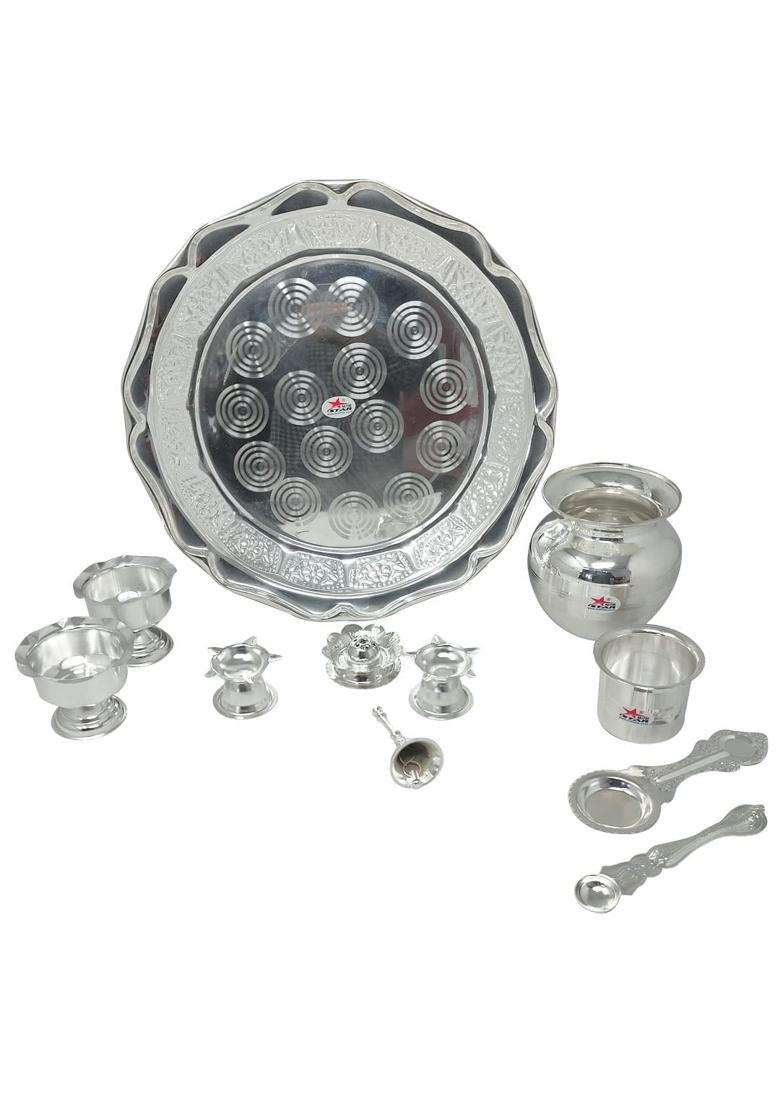 G K Exclusive German Silver Pooja Thali Set Puja Plate Set Items Best Gift for Diwali Anniversary Set of 11 - Indya