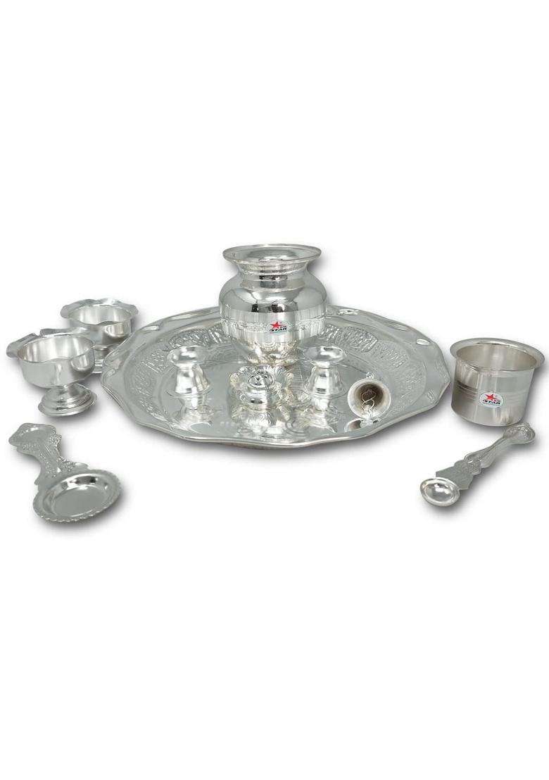G K Exclusive German Silver Pooja Thali Set Puja Plate Set Items Best Gift for Diwali Anniversary Set of 11 - Indya