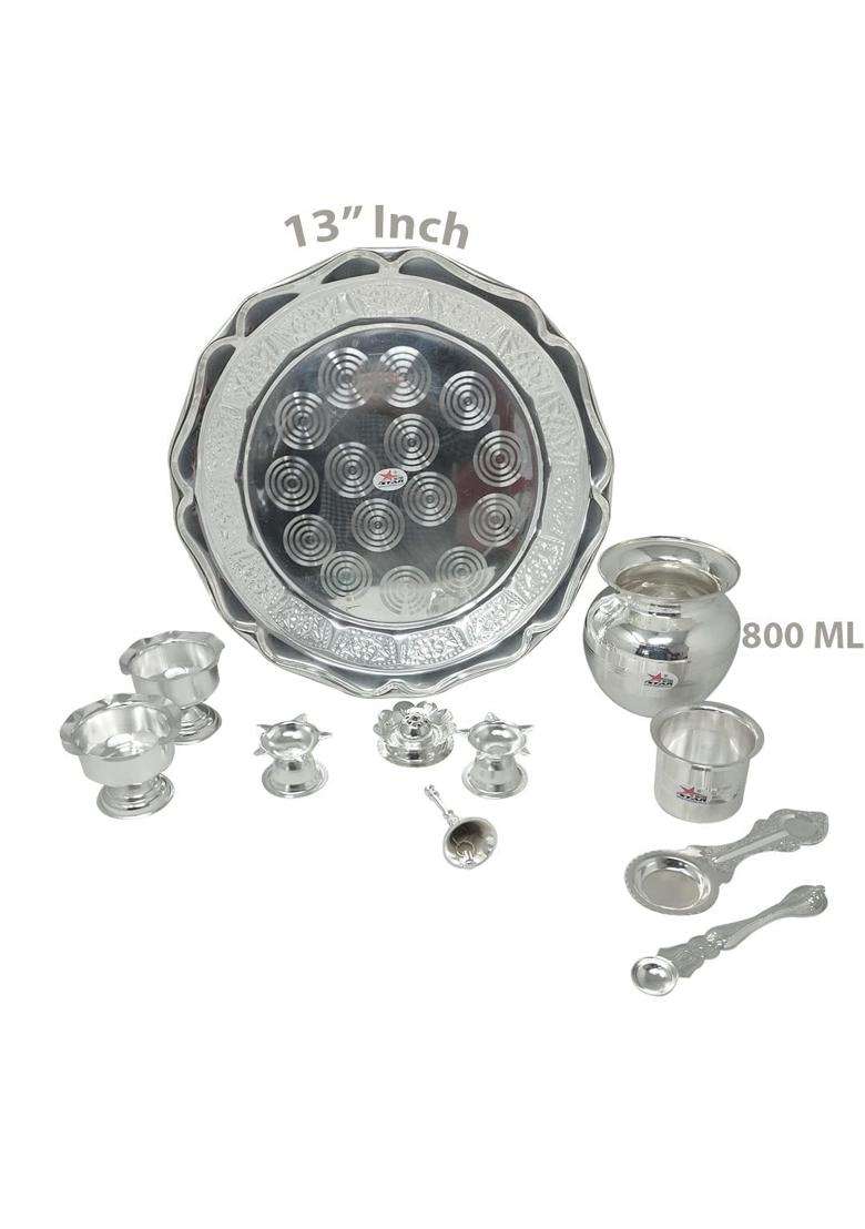G K Exclusive German Silver Pooja Thali Set Puja Plate Set Items Best Gift for Diwali Anniversary Set of 11 - Indya