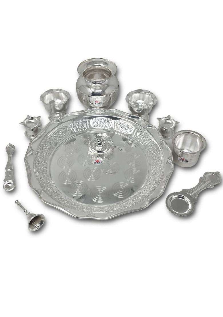 G K Exclusive German Silver Pooja Thali Set Puja Plate Set Items Best Gift for Diwali Anniversary Set of 11 - Indya