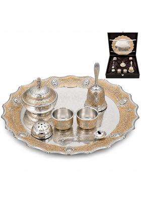 Urbanelly German Silver Pooja Thali Set Set of 7