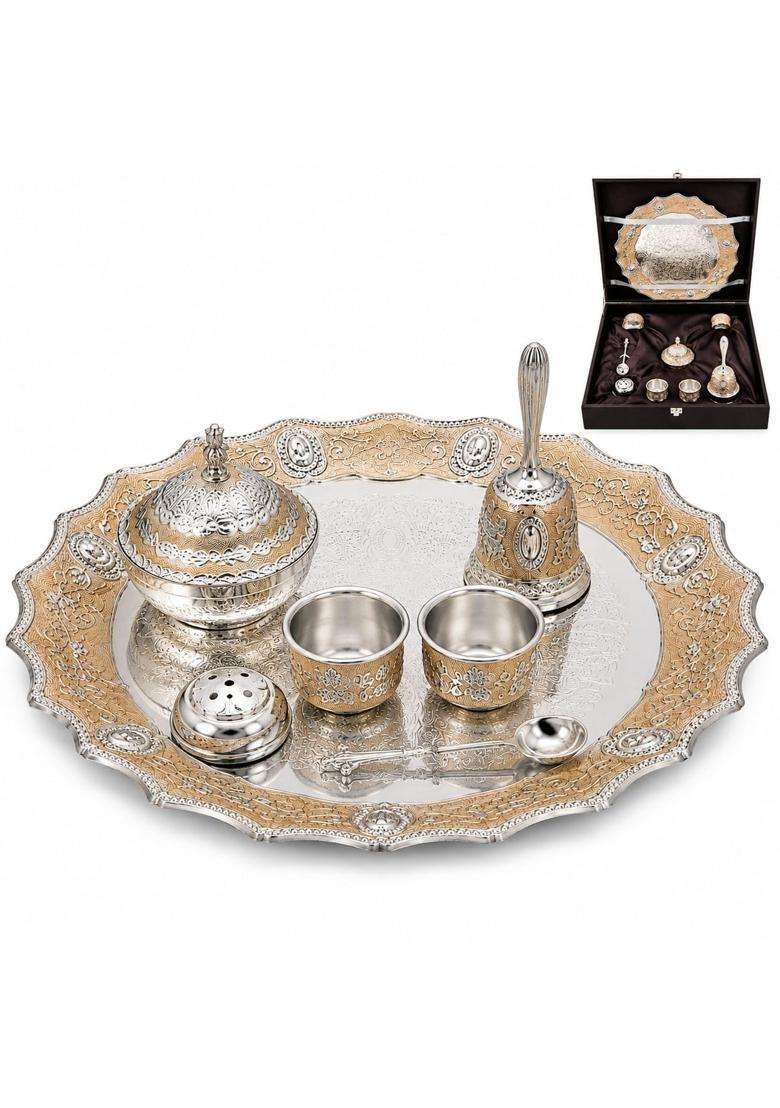 Urbanelly German Silver Pooja Thali Set Set of 7 - Indya