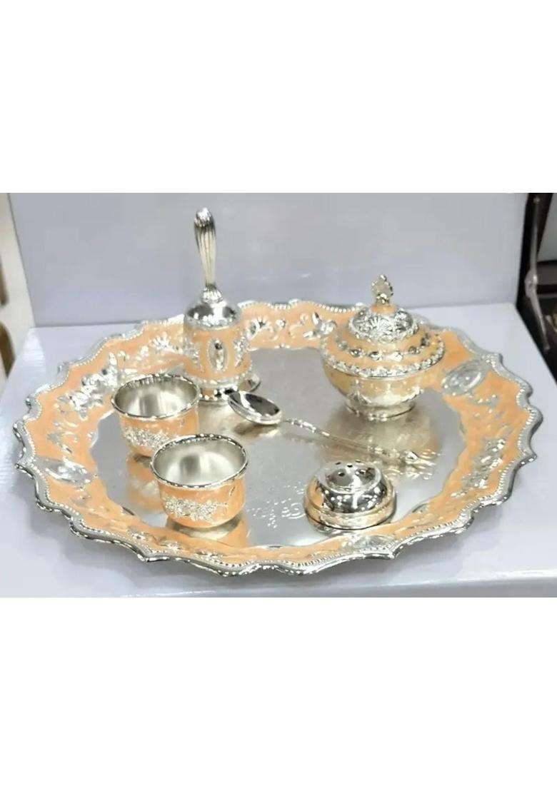 Urbanelly German Silver Pooja Thali Set Set of 7 - Indya