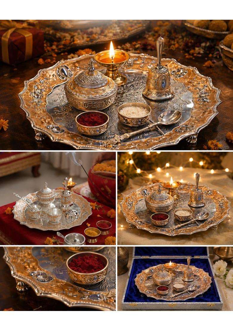 Urbanelly German Silver Pooja Thali Set Set of 7 - Indya