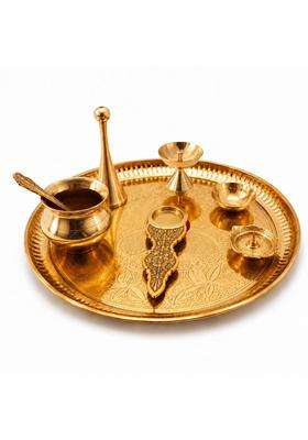 Homeveda Traditional Pure Brass Pooja Thali Set 7 Pieces with Diya Bell Kalash Katori and Incense Holder