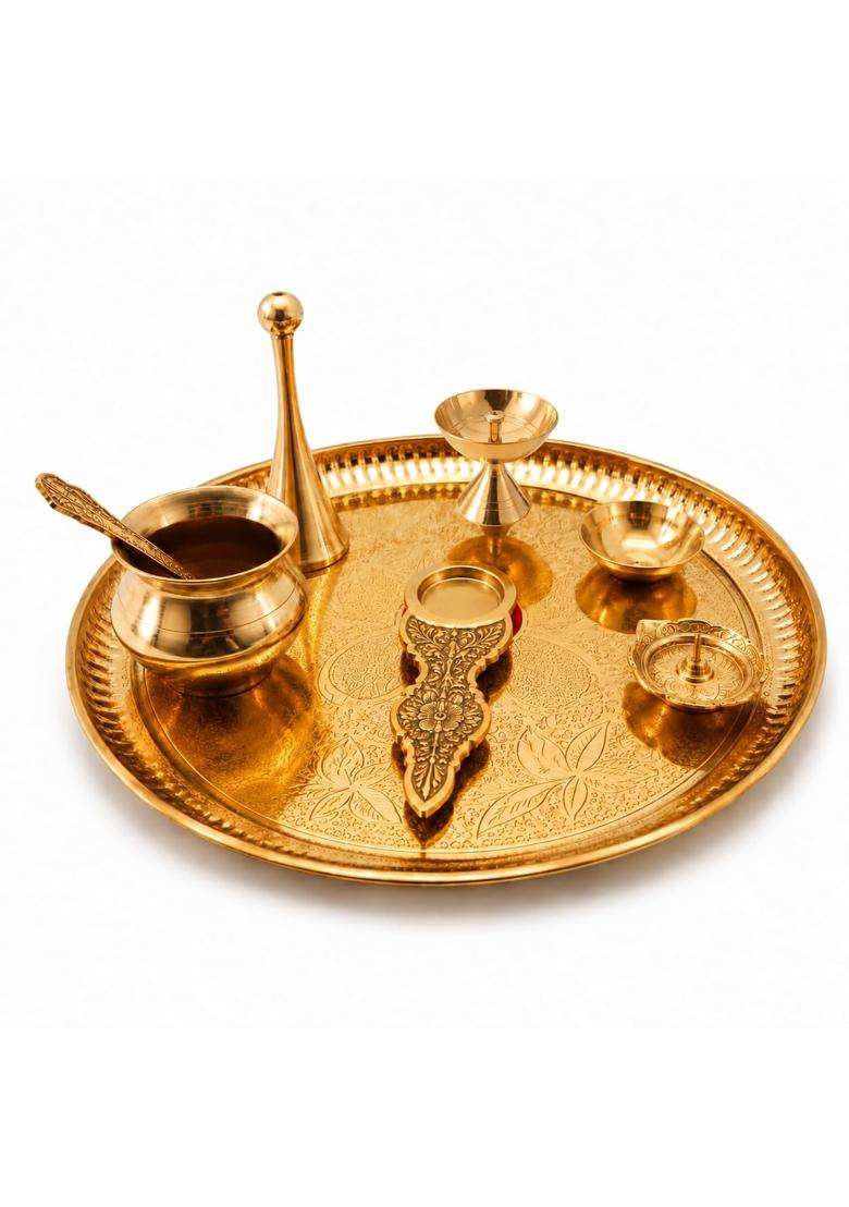 Homeveda Traditional Pure Brass Pooja Thali Set 7 Pieces with Diya Bell Kalash Katori and Incense Holder - Indya