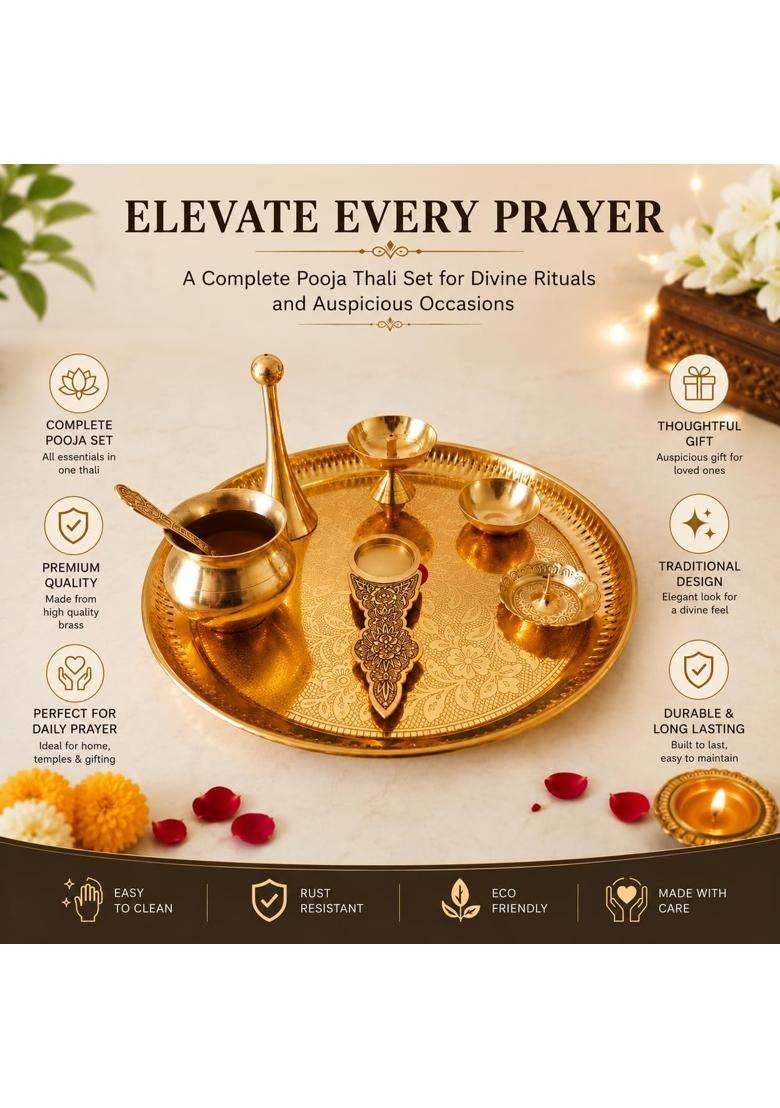 Homeveda Traditional Pure Brass Pooja Thali Set 7 Pieces with Diya Bell Kalash Katori and Incense Holder - Indya