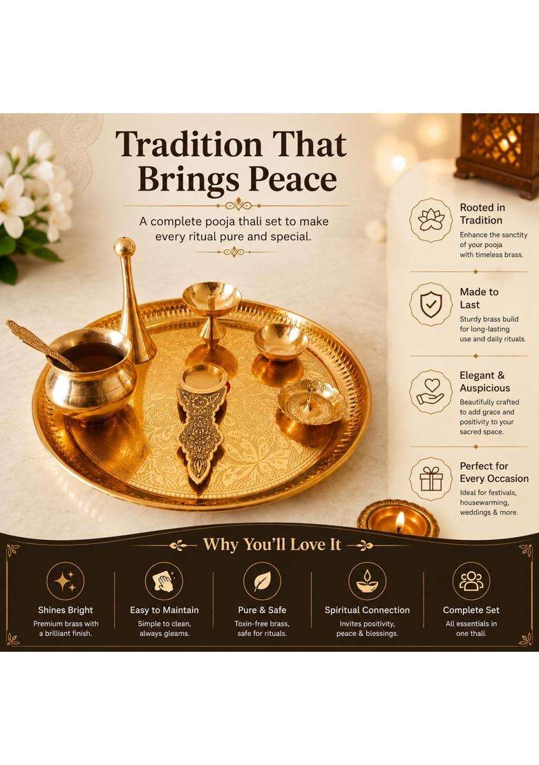 Homeveda Traditional Pure Brass Pooja Thali Set 7 Pieces with Diya Bell Kalash Katori and Incense Holder - Indya