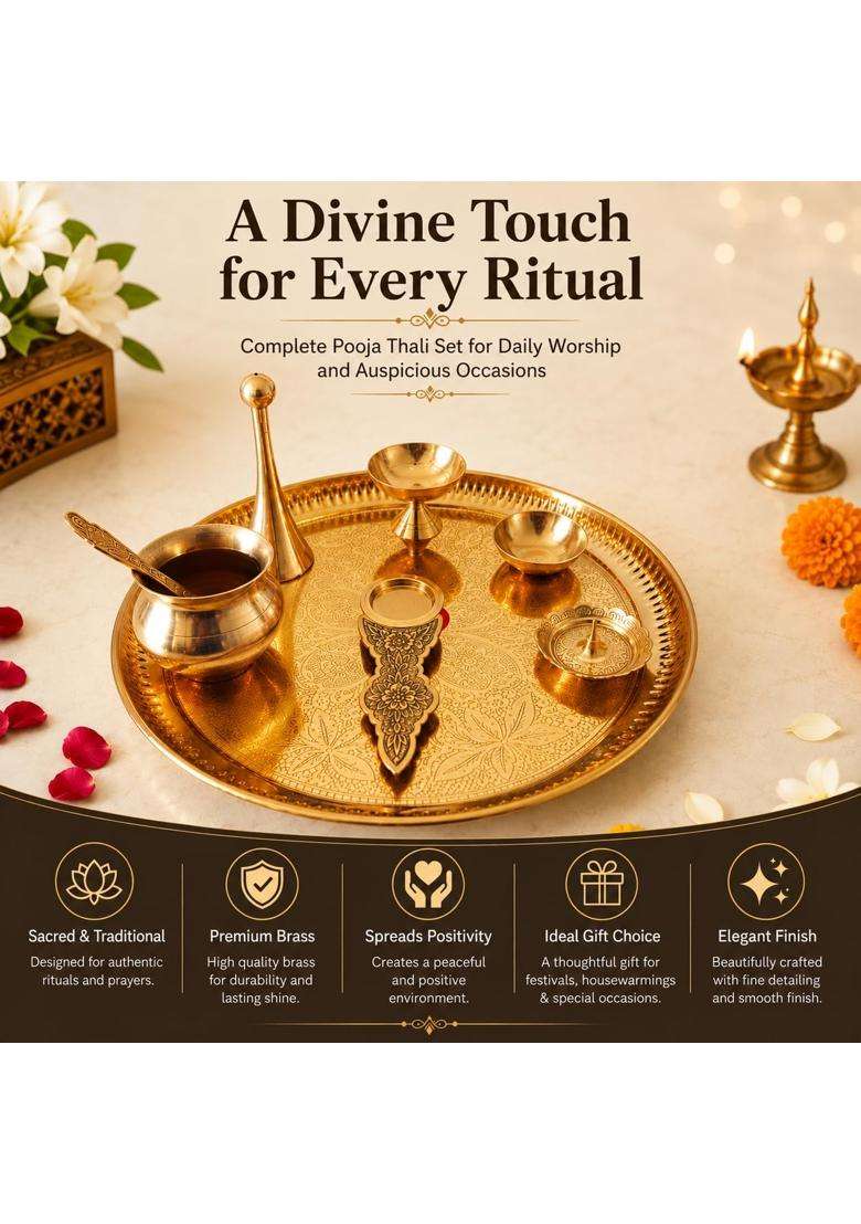 Homeveda Traditional Pure Brass Pooja Thali Set 7 Pieces with Diya Bell Kalash Katori and Incense Holder - Indya