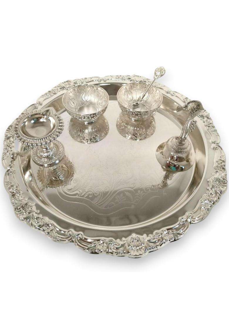 Laser ART German Silver Pooja Thali Set with Diya Bell and Bowls Silver Plated Premium Craftsmanship - Indya