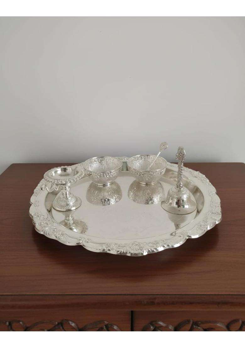 Laser ART German Silver Pooja Thali Set with Diya Bell and Bowls Silver Plated Premium Craftsmanship - Indya