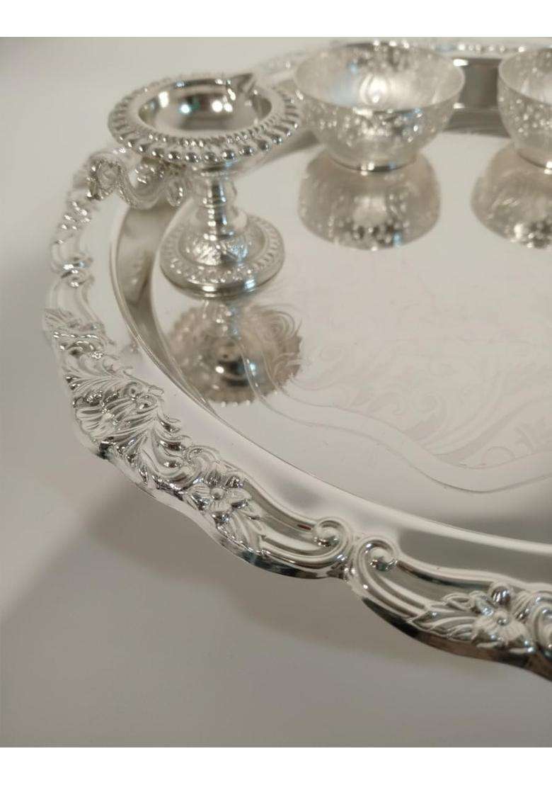 Laser ART German Silver Pooja Thali Set with Diya Bell and Bowls Silver Plated Premium Craftsmanship - Indya