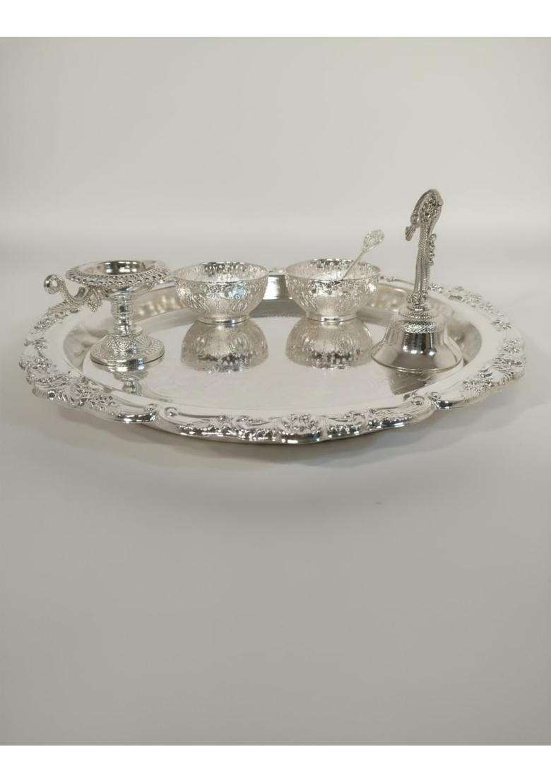 Laser ART German Silver Pooja Thali Set with Diya Bell and Bowls Silver Plated Premium Craftsmanship - Indya