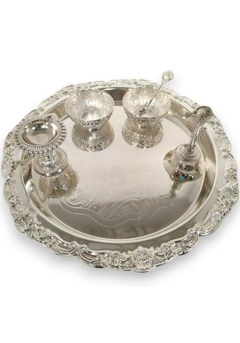 Laser ART German Silver Pooja Thali Set with Diya Bell and Bowls Silver Plated Premium Craftsmanship