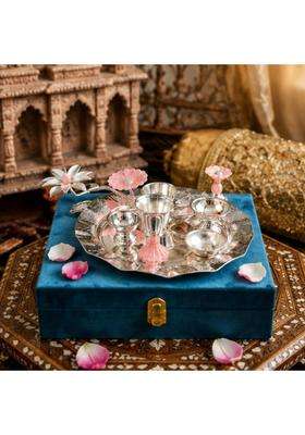 Webelkart Silver Plated Swastik Pooja Thali Set with Velvet Box for Diwali Poojan Pooja Room Diwali Gifting