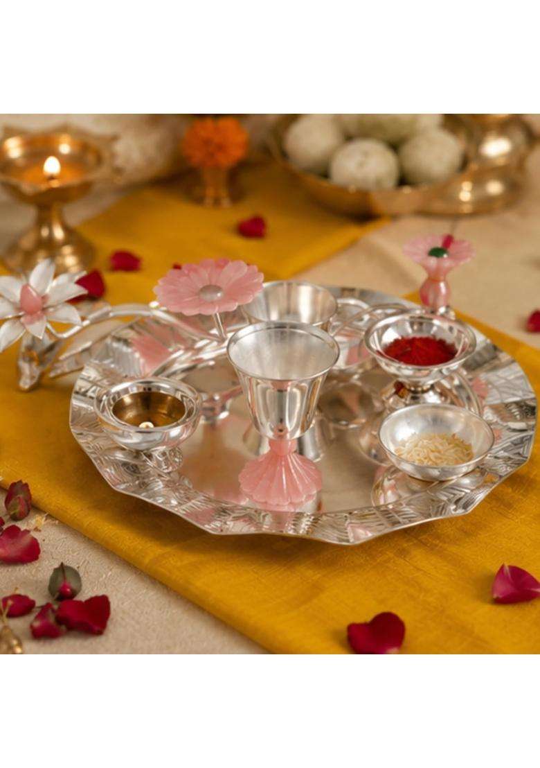 Webelkart Silver Plated Swastik Pooja Thali Set with Velvet Box for Diwali Poojan Pooja Room Diwali Gifting - Indya