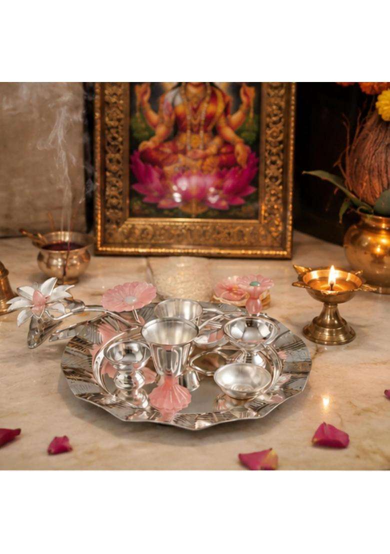 Webelkart Silver Plated Swastik Pooja Thali Set with Velvet Box for Diwali Poojan Pooja Room Diwali Gifting - Indya